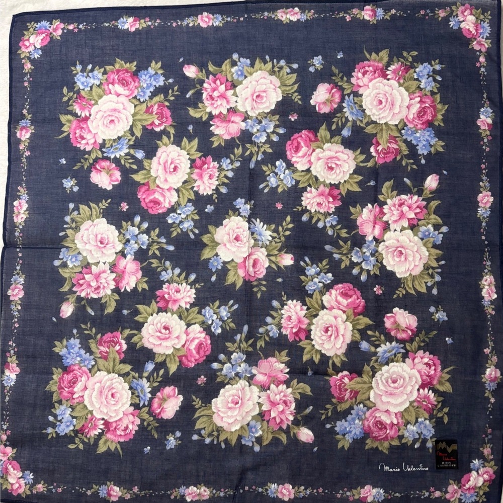 VTG MARIO VALENTINO Scarf Handkerchief Rose Floral Navy Blue Pink 18in